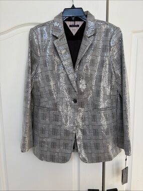Tommy Hilfiger Silver-Accented Gray Plaid Blazer